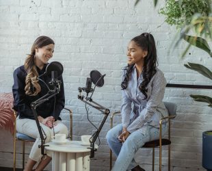 multiethnic women talking in broadcasting studio